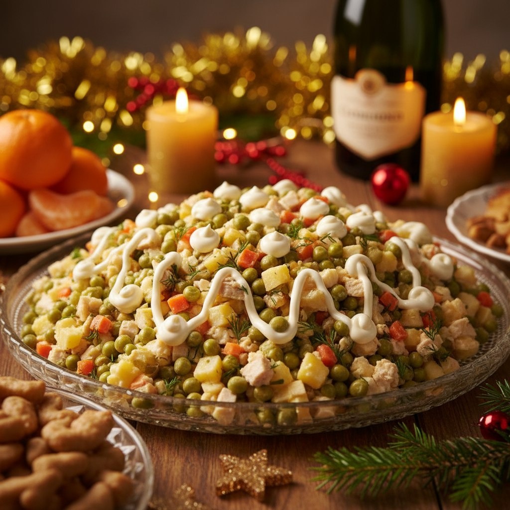 Традиционный салат оливье с курицей